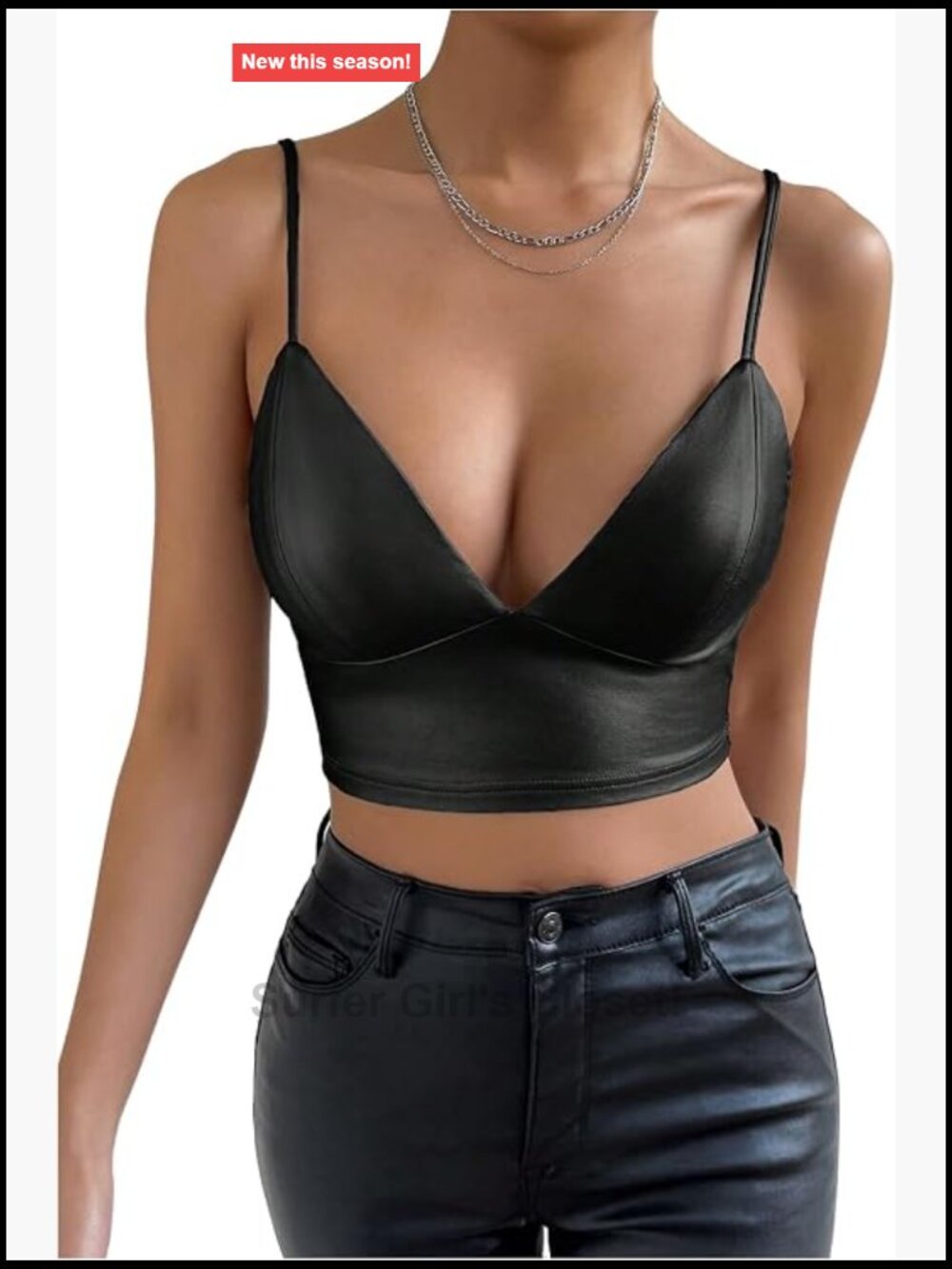 PU Leather Crop Cami Top V-Neck Sleeveless Strappy Adjustable